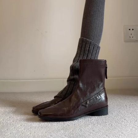 牛皮版~复古显瘦真皮百搭通勤瘦瘦靴女简约方头低跟后拉链弹力靴