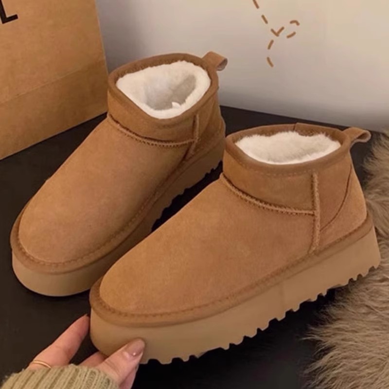 5cm增高加绒厚底雪地靴纯色保暖短筒棉鞋主图