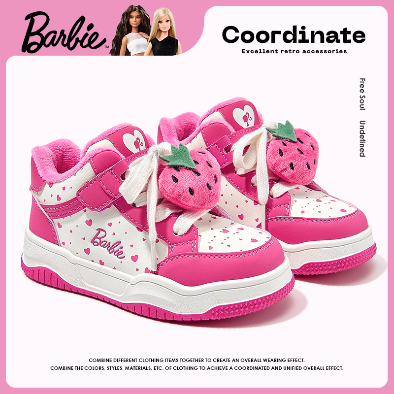 芭比童鞋女童运动鞋2025新款冬季加绒保暖儿童高帮板鞋女童二棉鞋主图