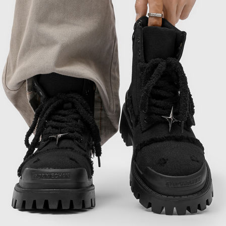 破坏四芒星马丁靴男大头德比厚底增高鞋美式牛仔布户外工装短靴子