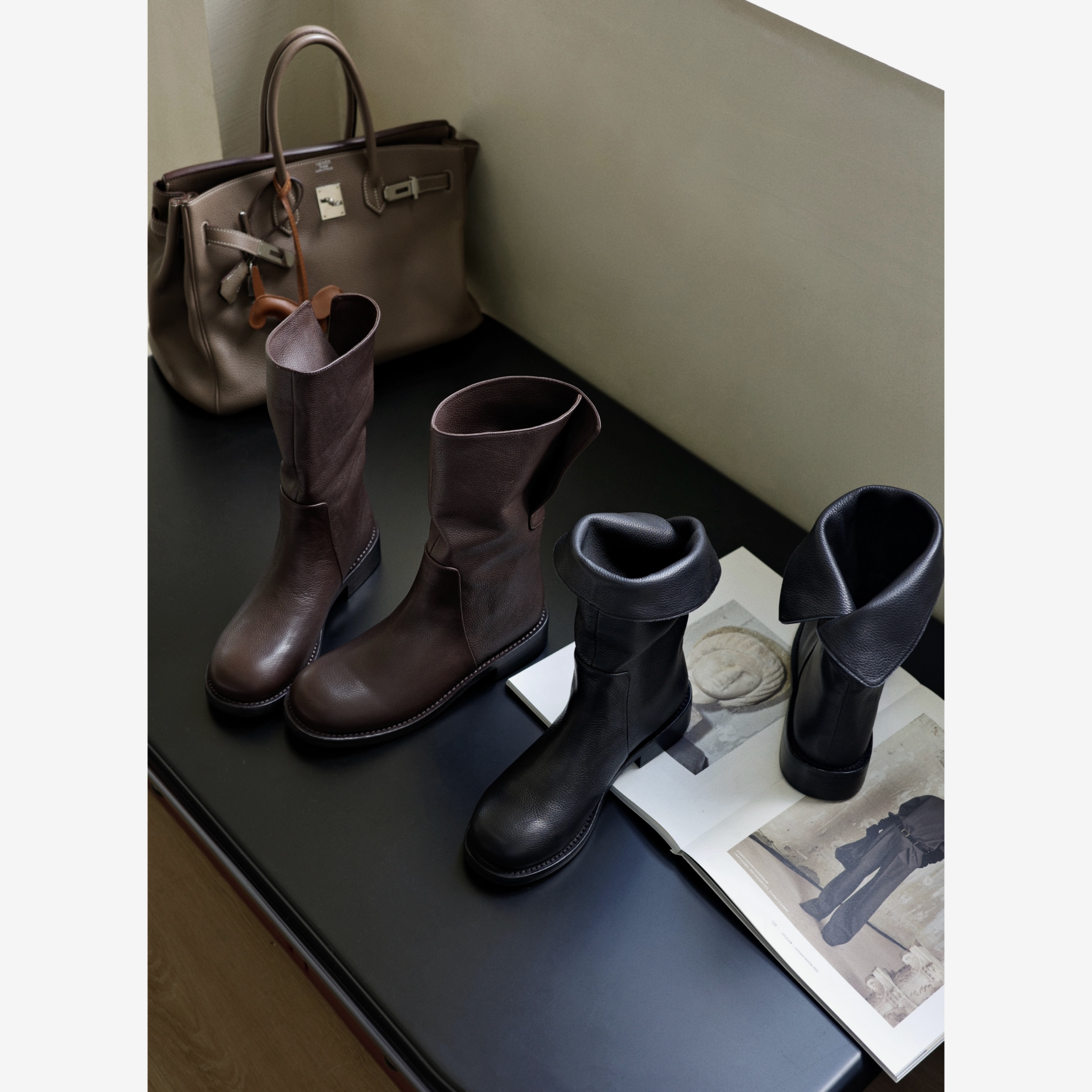 绯色事丨独家定制  荔枝纹小牛皮 真皮沿条车线可翻折边手工靴子主图