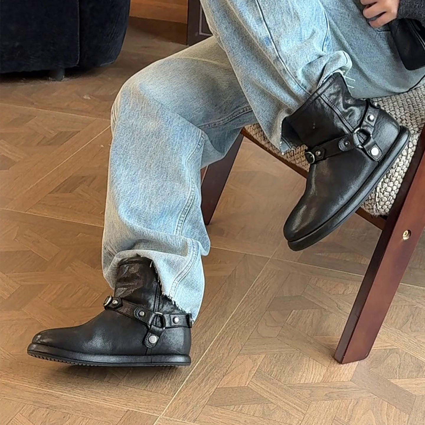 牛皮版~复古铆钉皮带扣机车小短靴百搭保暖加绒雪地靴女平底棉靴主图