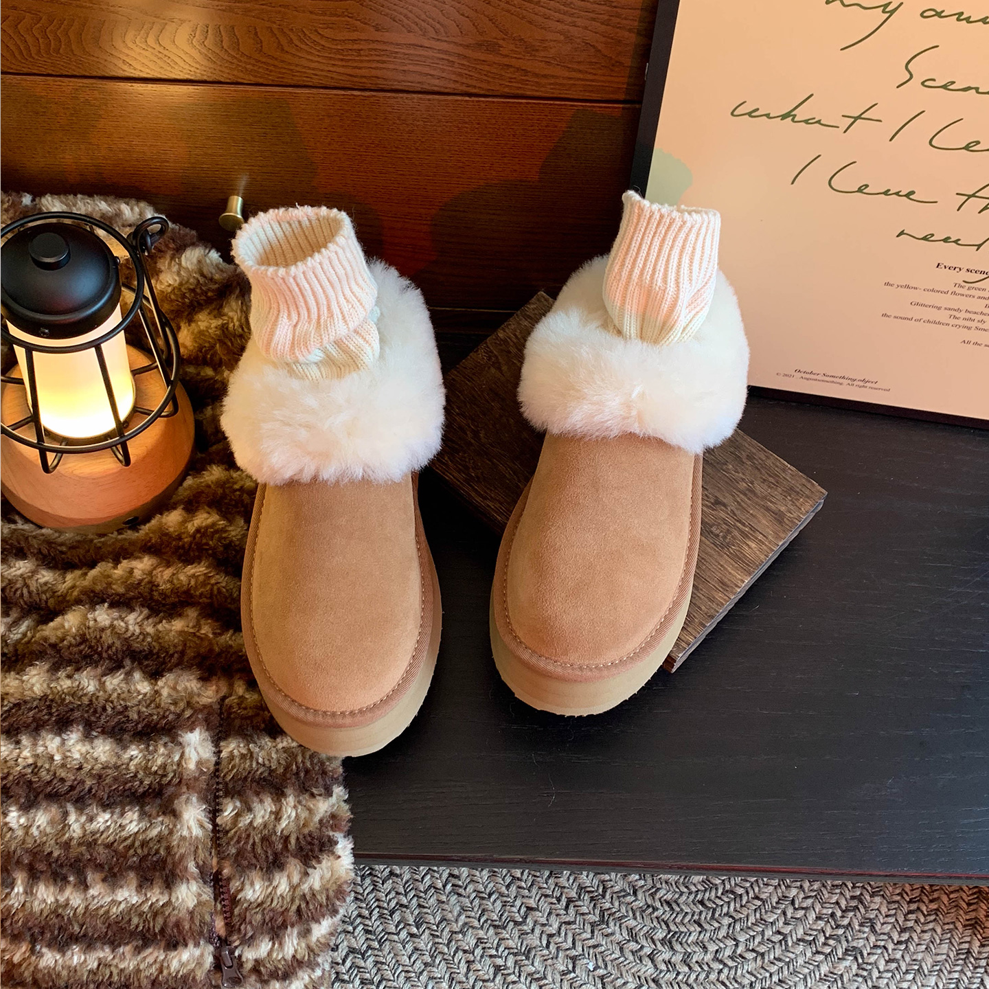 皮毛一体雪地靴女冬季真皮厚底保暖一脚蹬毛毛短靴保暖棉鞋主图