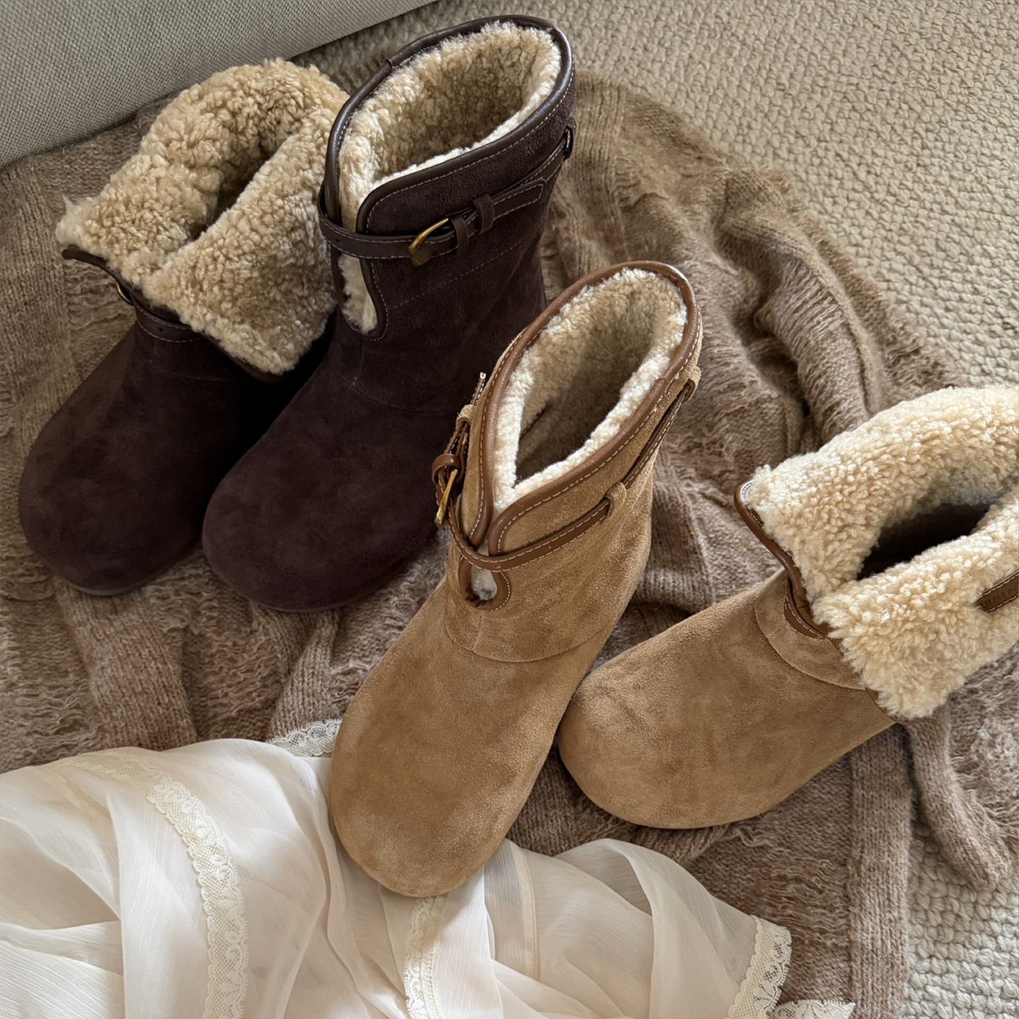 羊皮版~圆头内增高加绒勃肯靴两穿雪地棉靴女丑萌复古保暖短筒靴主图