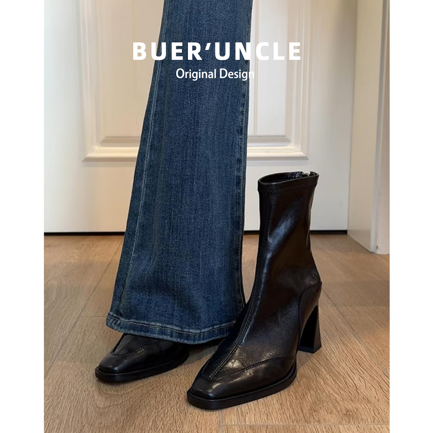 真皮！高跟鞋短靴女2025秋冬季新款方头马丁靴黑色法式粗跟瘦瘦靴主图