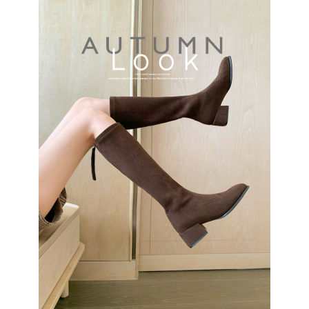 葡萄妈studiolee 6cm粗跟~ 显瘦方头后拉链粗跟绒面长筒靴女