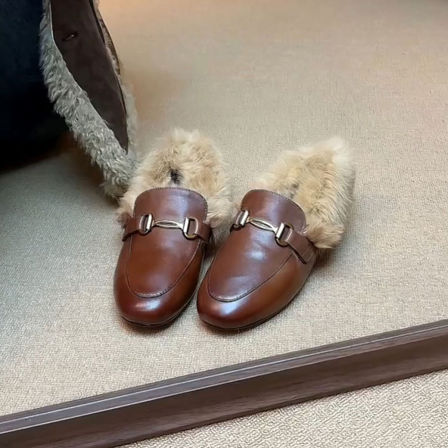 羊皮版~老钱风复古金属扣一脚蹬乐福鞋女加绒真皮平底毛毛小皮鞋