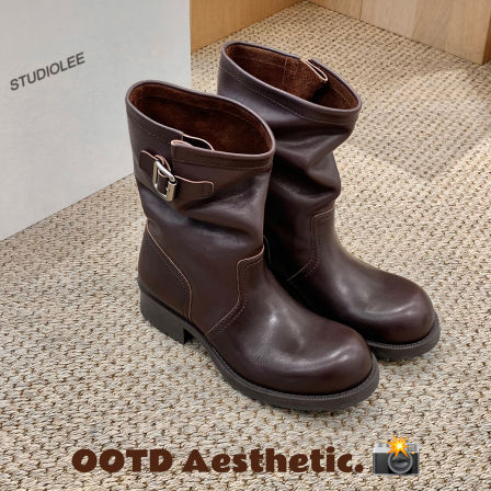 葡萄妈studiolee 增高4cm~ 两种筒高圆头扣带设计粗跟骑士靴女
