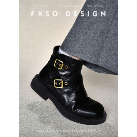 真皮方巷2025秋冬新款英伦风厚底皮带扣骑士靴女圆头短款马丁靴女