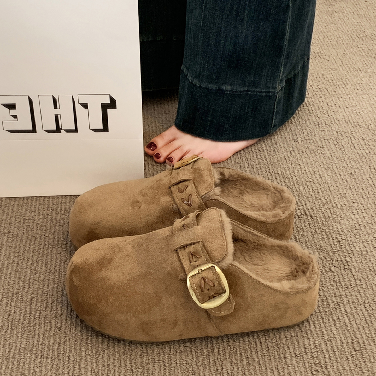 厚底包头半拖毛毛鞋女加绒豆豆勃肯鞋2025新款冬季鞋子一脚蹬棉拖主图