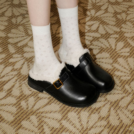 牛皮版~黑色包头拖鞋女外穿一脚蹬金属扣带懒人鞋勃肯鞋毛毛拖鞋