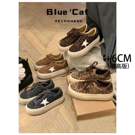 羊皮版~6CM内增高豹纹厚底德训鞋女秋冬新款加绒系带星星休闲鞋子