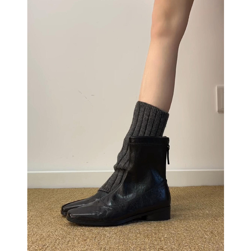 羊皮版~真皮气质方头低跟瘦瘦靴女复古通勤百搭后拉链短靴马丁靴主图