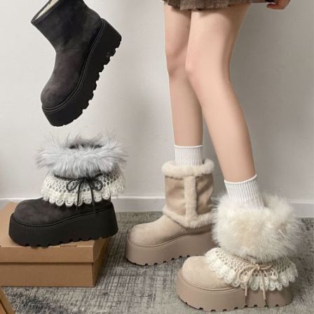 复古百搭六穿可拆卸费尔岛风雪地靴女2025新款冬保暖加绒毛毛棉鞋