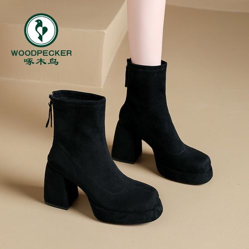 啄木鸟瘦瘦靴及踝小裸靴粗高跟鞋短靴女防水台小个子秋冬加绒单靴主图