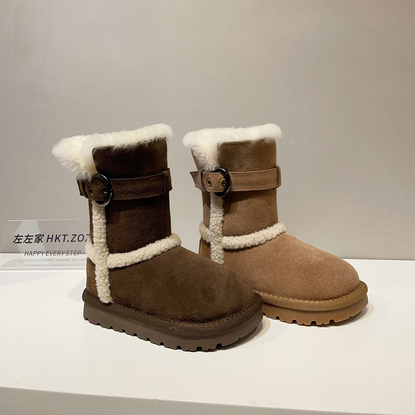 左左家冬季新款儿童中高筒加绒雪地靴保暖防滑侧拉链百搭女孩棉靴主图