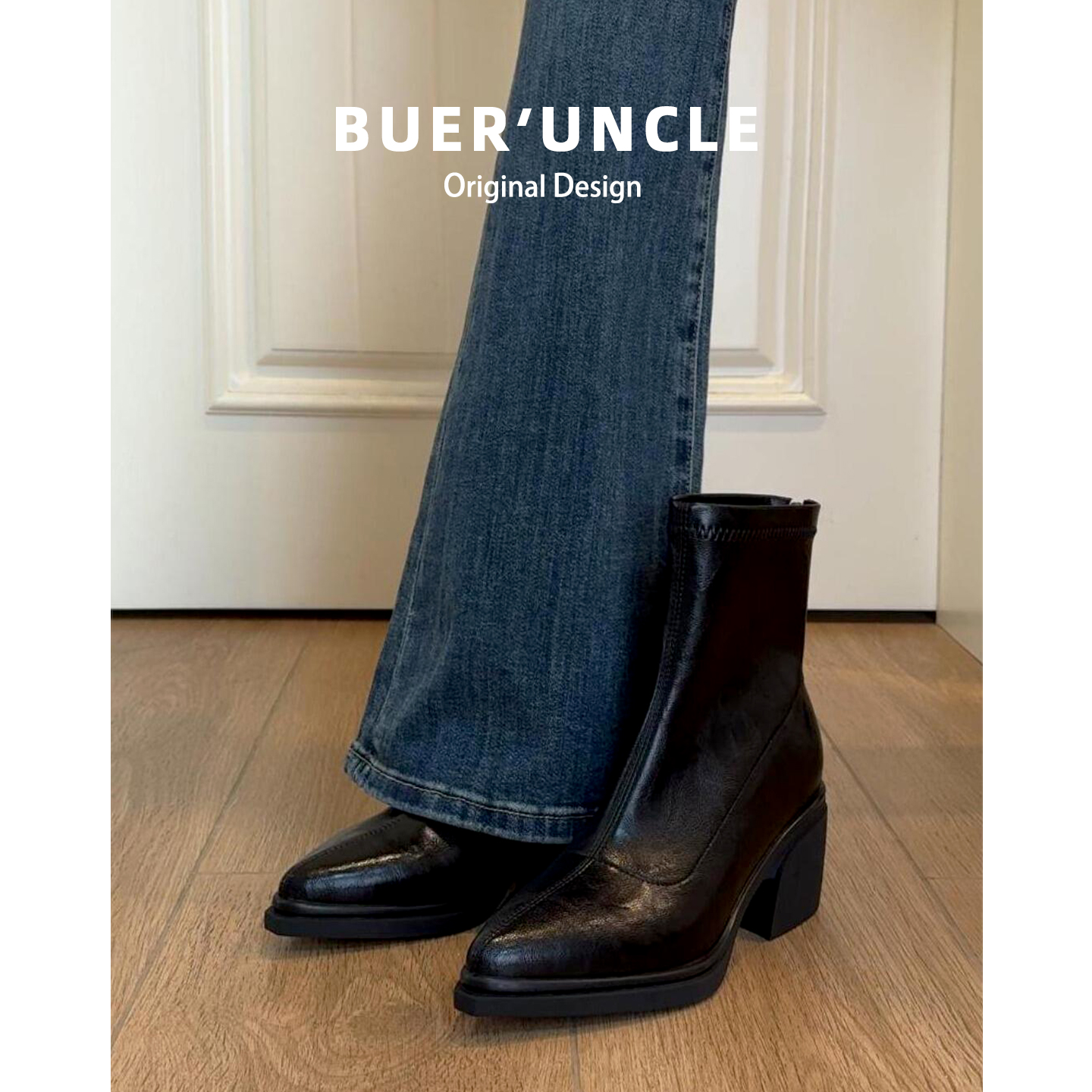 羊皮！显瘦粗跟尖头短靴女冬2025新款马丁靴美拉德复古弹力瘦瘦靴主图