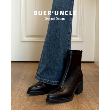 羊皮！显瘦粗跟尖头短靴女冬2025新款马丁靴美拉德复古弹力瘦瘦靴