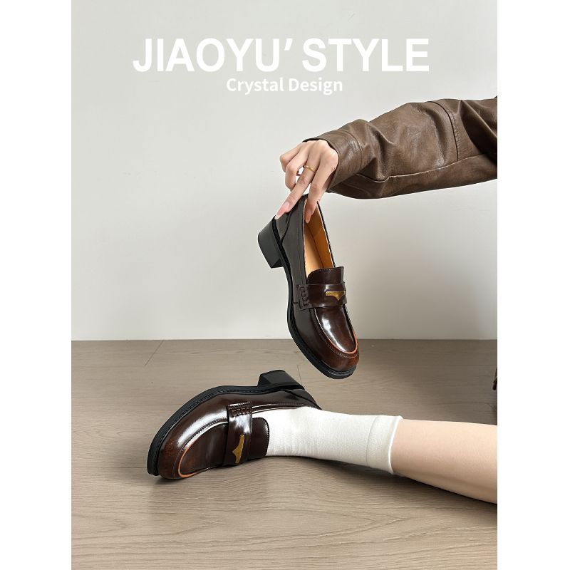 真皮~骄屿复古一脚蹬乐福鞋女厚底粗跟圆头单鞋百搭英伦风小皮鞋主图