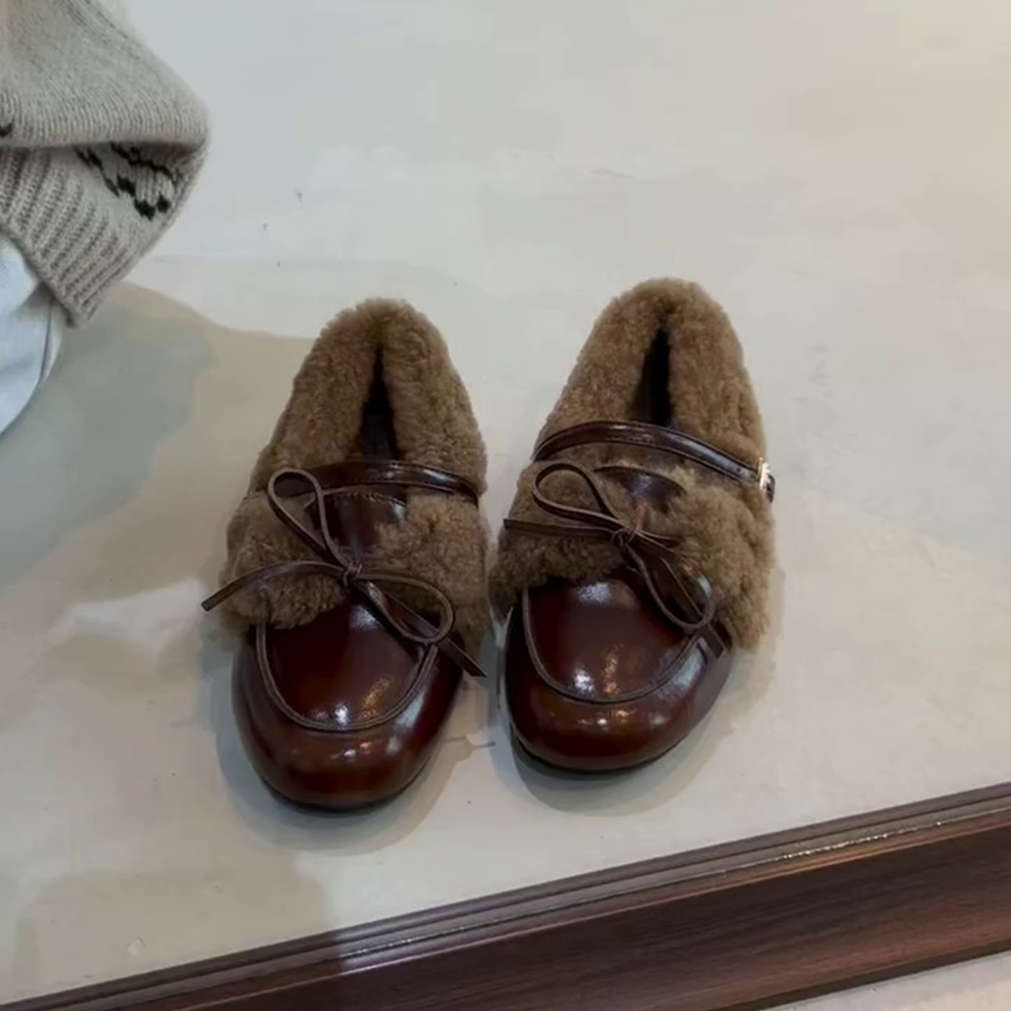 羊皮版~复古圆头厚底一脚蹬粗跟乐福鞋英伦风小皮鞋内增高女加绒主图