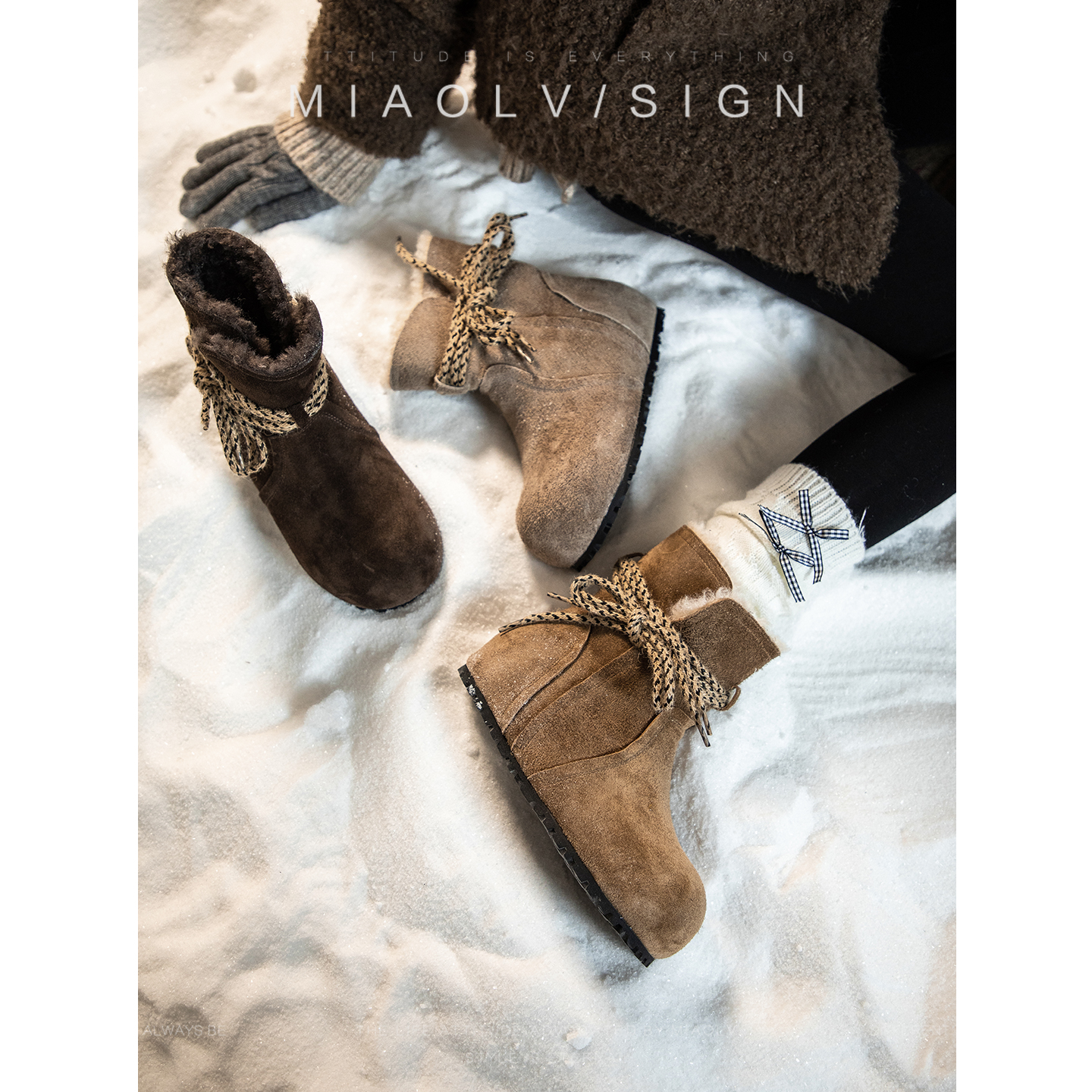 「妙侣」费尔岛屿~真皮勃肯短靴雪地靴女冬季加绒保暖内增高棉靴主图