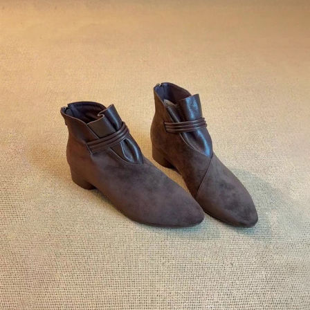 羊皮版~复古磨砂尖头粗跟短靴女通勤气质瘦瘦靴子后拉链切尔西靴