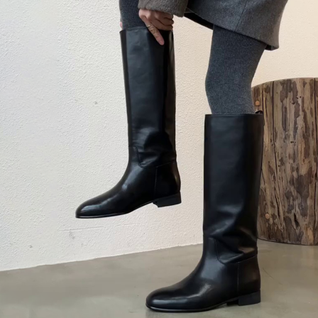 羊皮版~韩版方头粗跟女款复古简约时尚气质百搭低跟长靴简约设计