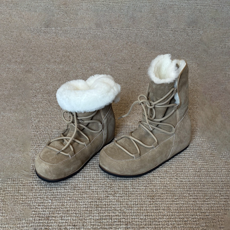 羊皮版~小众设计感女防滑百搭加绒两穿绑带圆头内增高小个子短靴