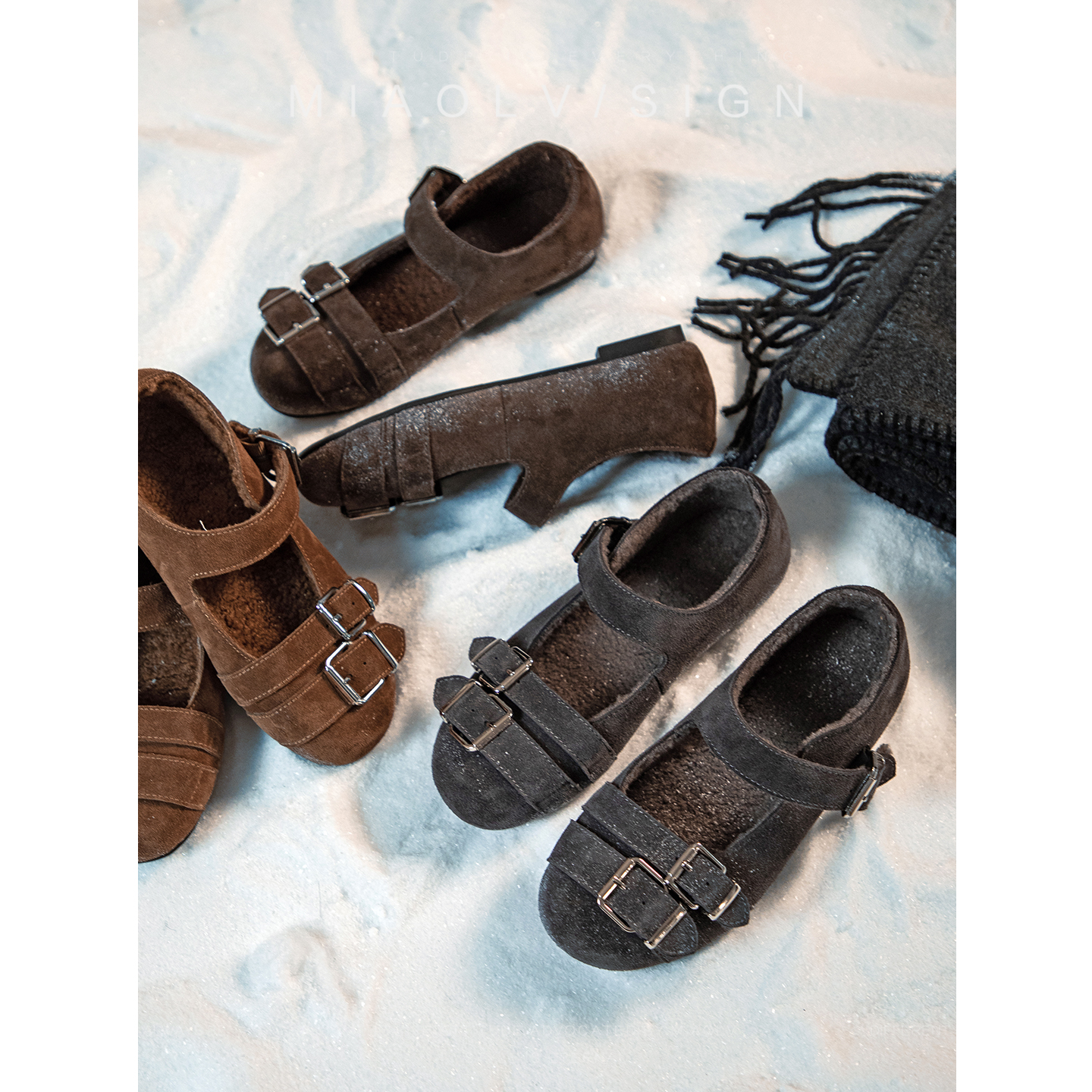 「妙侣」小松果~复古加绒玛丽珍鞋女秋冬咖色保暖单鞋低跟小皮鞋主图