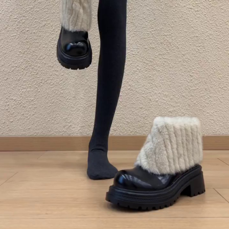 羊皮版~复古加绒保暖小众设计气质百搭圆头粗跟厚底毛毛女时装靴