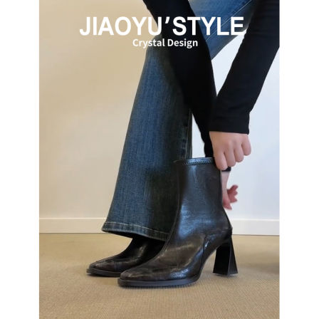 真皮~骄屿法式粗跟短靴女简约高跟弹力瘦瘦靴通勤裸靴方头马丁靴