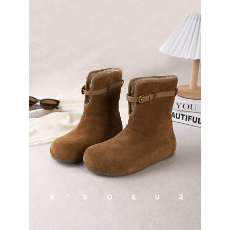 K姐 两穿勃肯雪地靴 翻领设计皮带可调节牛反绒真皮增高靴子