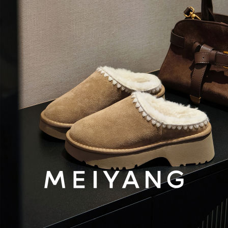美洋MEIYANG 栗栗毛毛拖 牛反绒_保暖圆头一脚蹬厚底包头半拖鞋