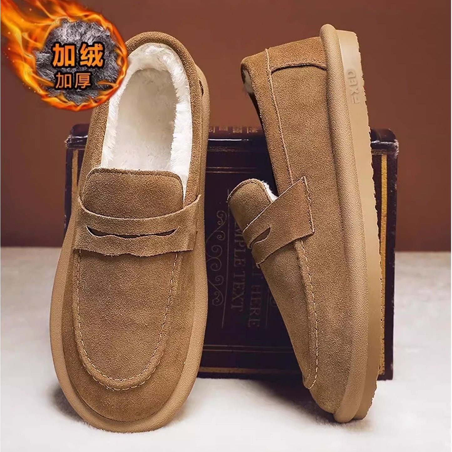 官网C&K棉拖鞋男冬季加绒保暖一脚蹬防滑翻毛皮鞋豆豆鞋包头棉鞋主图
