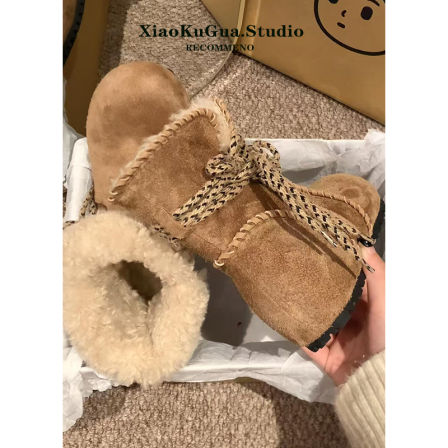 费尔岛～6cm内增高雪地靴女款冬季加绒保暖棉鞋复古两穿勃肯短靴