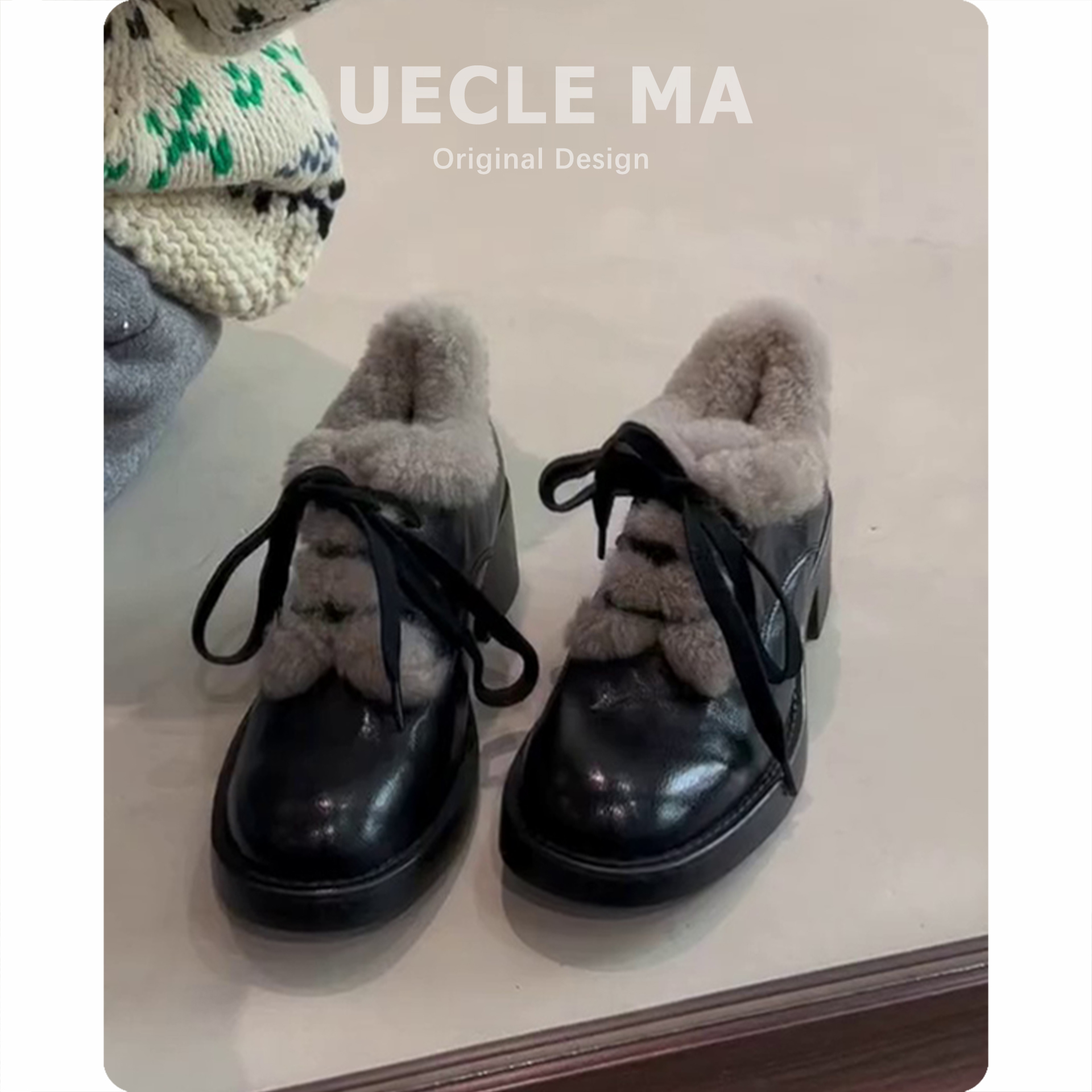 真皮厚底小皮鞋女冬季加绒雪地靴粗跟单鞋乐福鞋子毛毛鞋保暖棉鞋主图