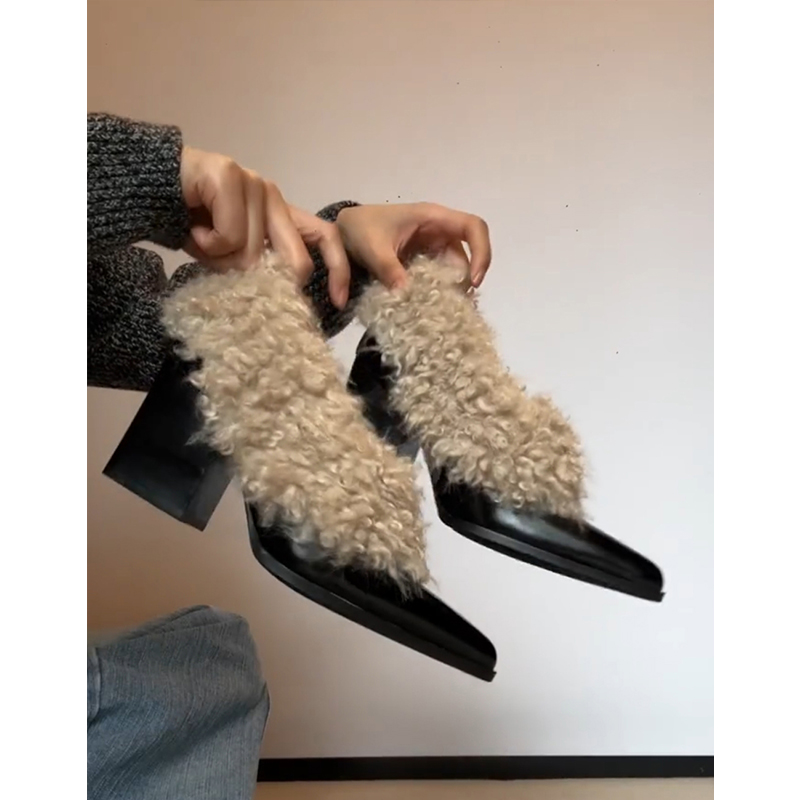 羊毛版~真皮复古尖头加绒一脚蹬单鞋女粗跟保暖毛毛鞋高跟小皮鞋主图