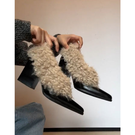 羊毛版~真皮复古尖头加绒一脚蹬单鞋女粗跟保暖毛毛鞋高跟小皮鞋