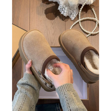 牛皮版~真皮厚底一脚蹬勃肯鞋女保暖加绒雪地靴女毛毛鞋包头拖鞋