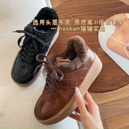 牛皮德训~锁温加厚！厚底增高内里羊毛复古保暖加绒休闲德训鞋女