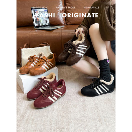 真皮~圆头系带阿甘鞋2025冬季拼接加绒里休闲德训鞋板鞋运动鞋女