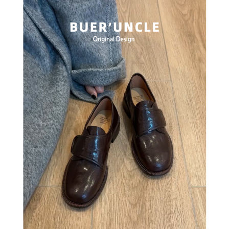 真皮版！乐福鞋女2025新款魔术贴复古粗跟一脚蹬单鞋英伦风小皮鞋