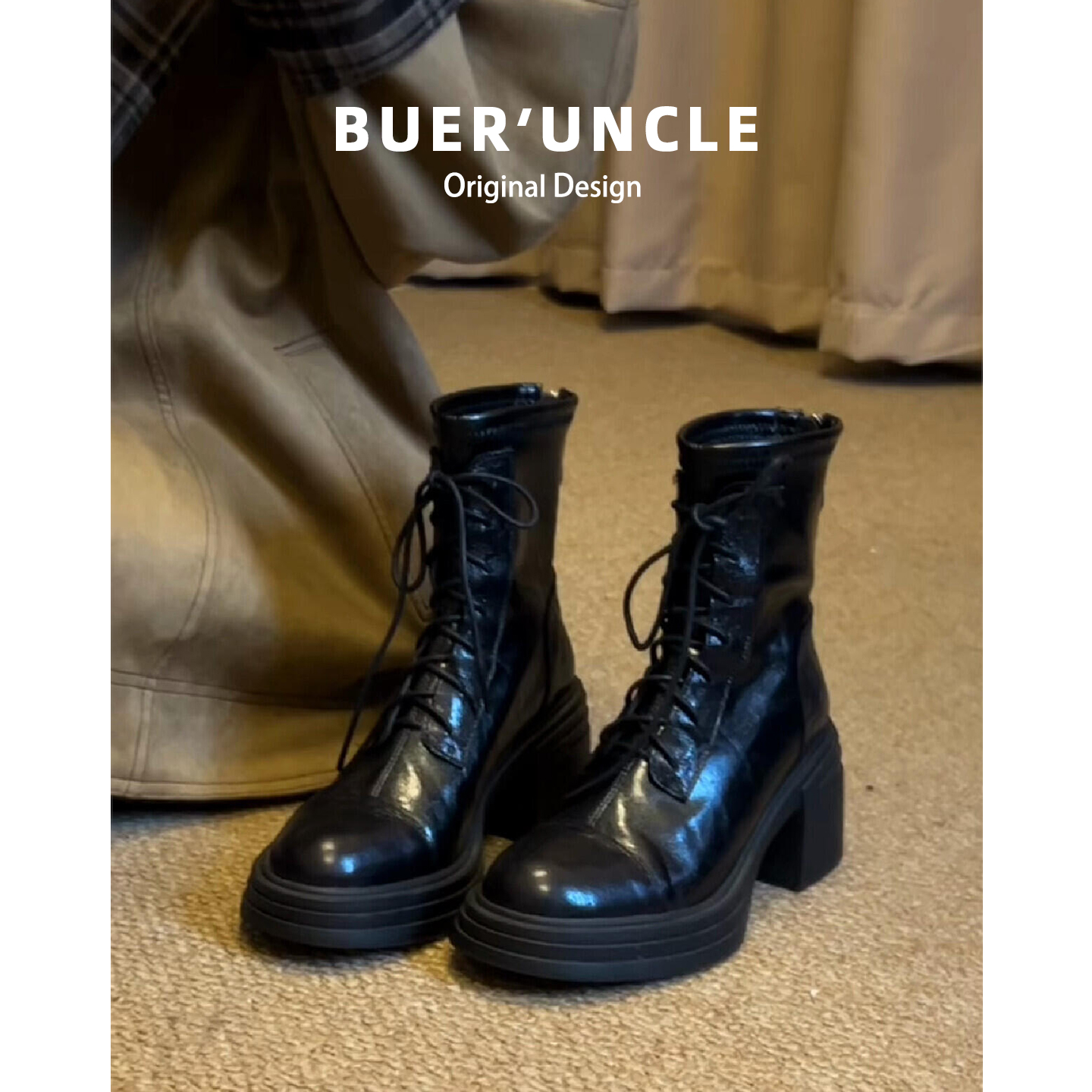 羊皮版！黑色马丁靴女冬季2025新款系带复古英伦风显瘦高跟短靴主图