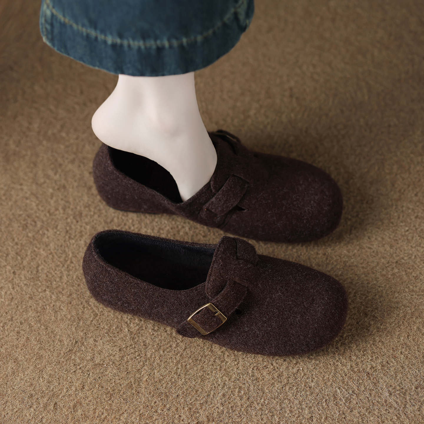 羊皮版加绒超火毛毛乐福勃肯鞋女2025秋冬季毛绒保暖孕妇平底单鞋主图