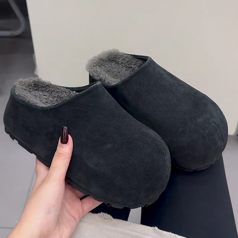 羊皮版！厚底勃肯鞋外穿复古绒面一脚蹬包头懒人鞋加绒保暖棉拖鞋主图
