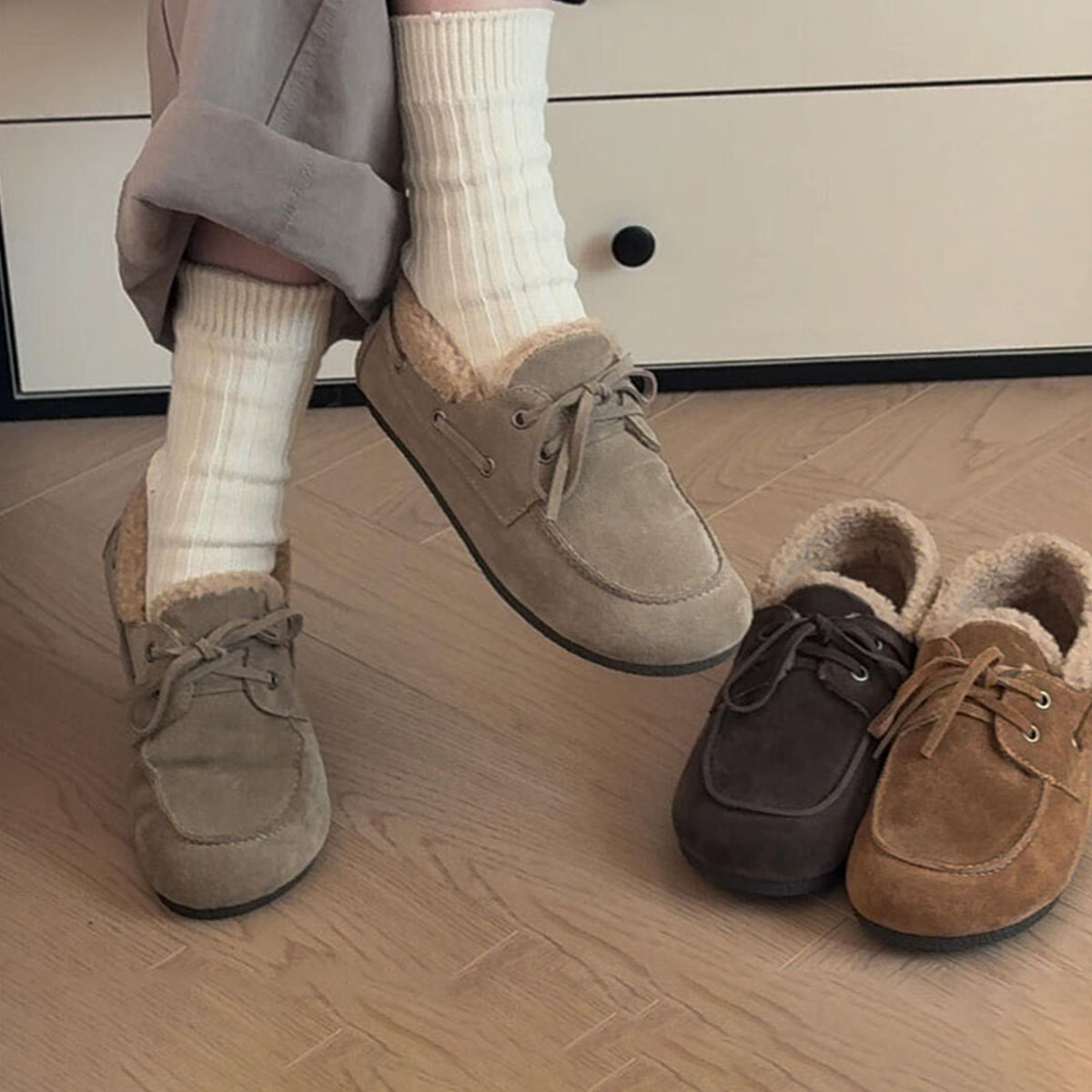 羊皮版~复古加绒软底舒适一脚蹬乐福鞋女磨砂皮绑带深口平底单鞋主图