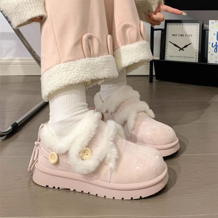 回力樱花粉毛绒雪地靴女冬季加绒加厚保暖厚底面包鞋魔术贴棉鞋女