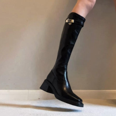 牛皮版~法式黑色真皮长靴女金属扣方头气质侧拉链显瘦高跟骑士靴