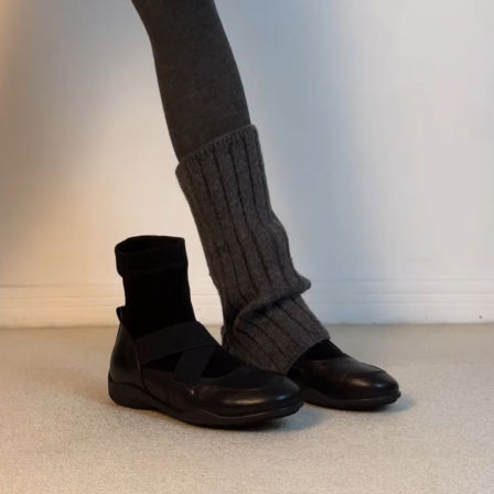 牛皮版~运动芭蕾风弹力瘦瘦靴女法式交叉带厚底舒适显瘦百搭短靴