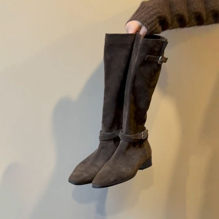 牛皮版~废土时髦个性长筒靴女复古皮带扣显瘦尖头气质褶皱堆堆靴